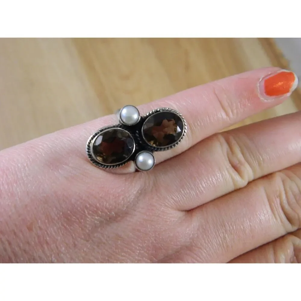 Vintage Topaz Sterling Silver Ring, Brown Topaz, Pearl Multi Stone Ring Sz 6.25
